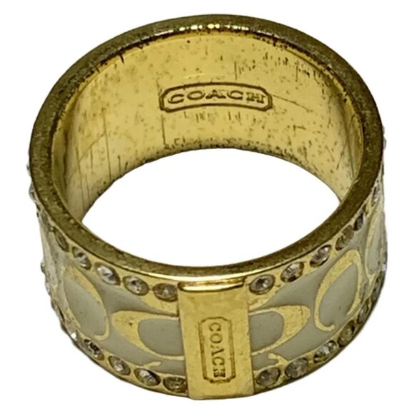 Auth COACH - Cream Gold Clear Hardware Rhinestones Ring #7 1/2 - Picture 2 of 5